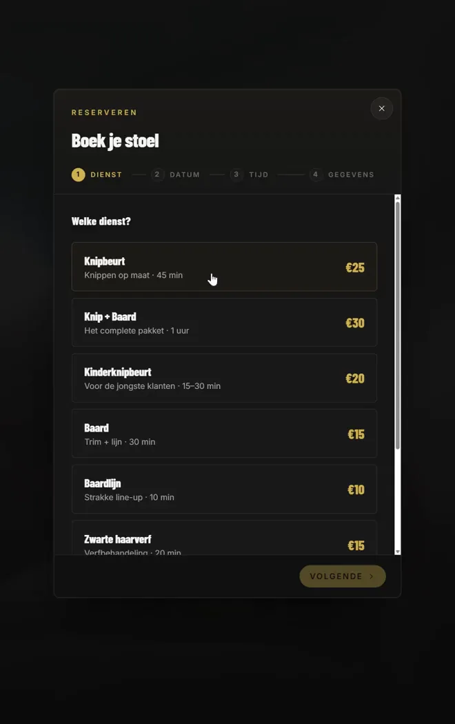 Online booking on the MagicFingers website with the choice of service