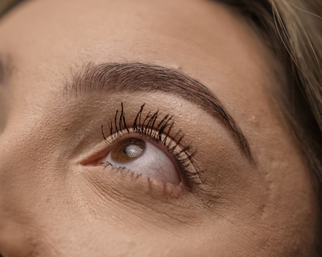 A soft, shaded brow with a defined arch, face turned up to the light
