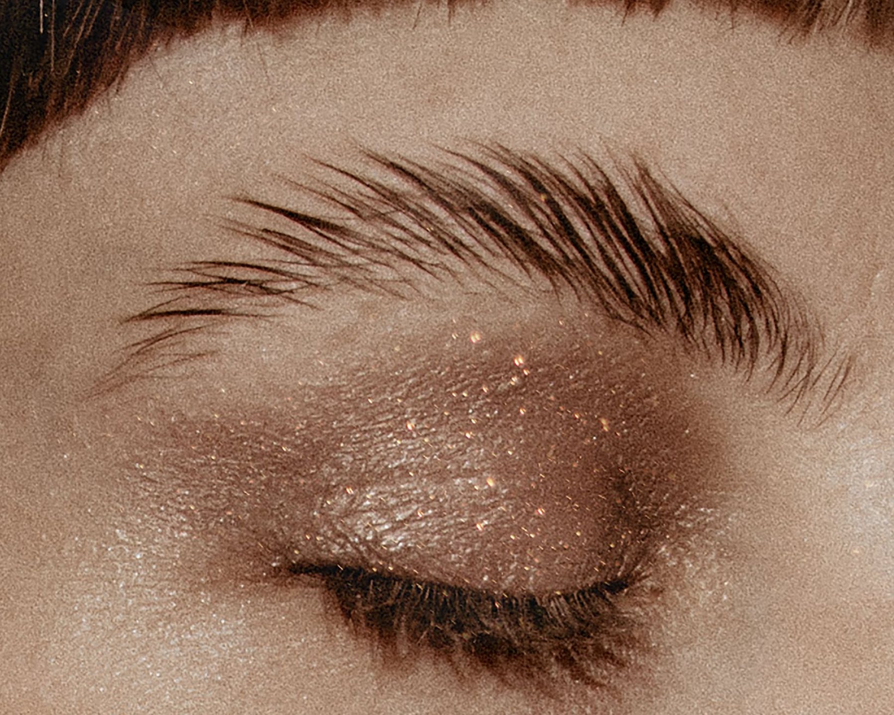 Brow hairs brushed up and set in place