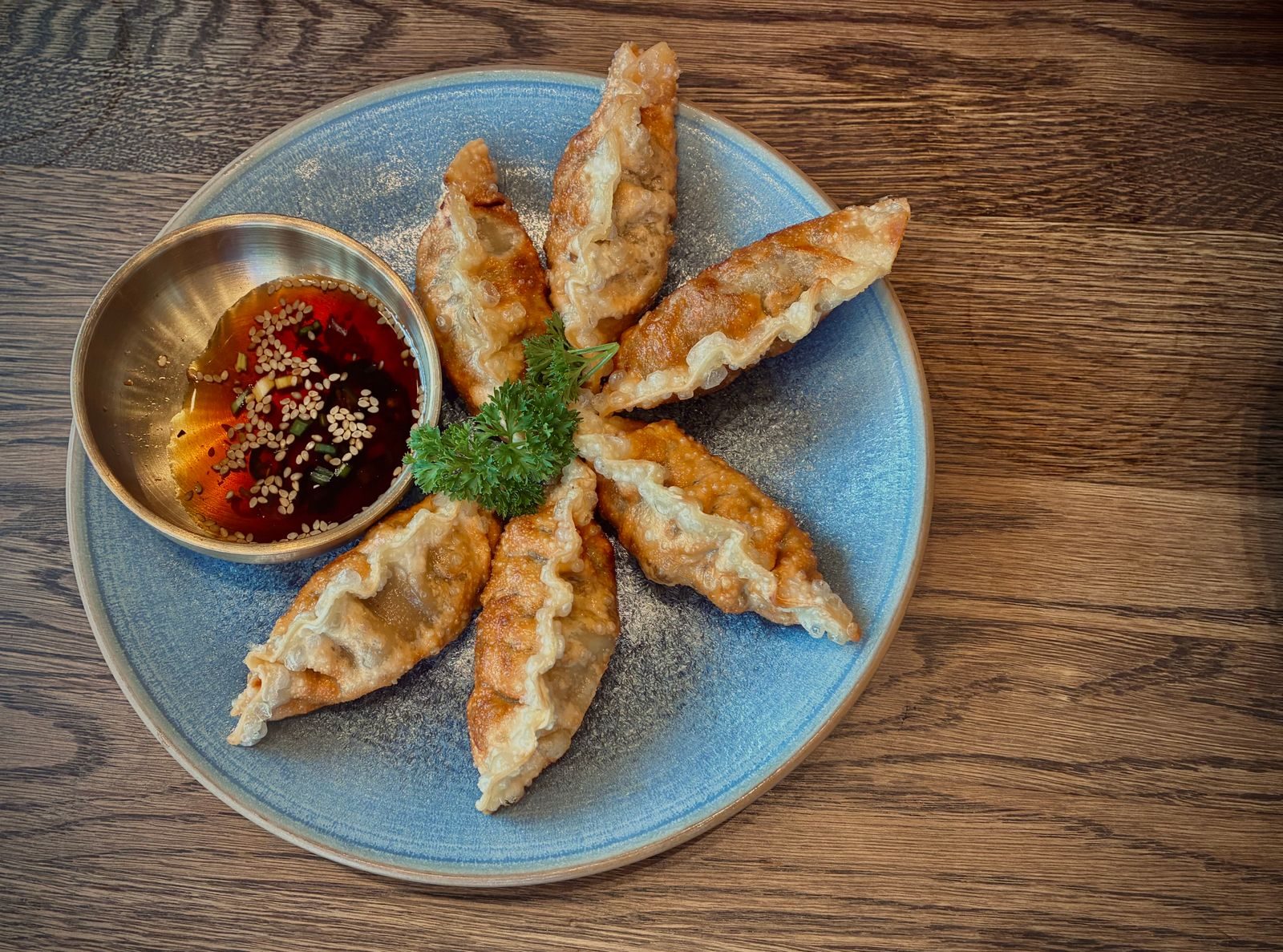 Pan fried gyoza fanned out on a blue plate with a sesame dipping sauce